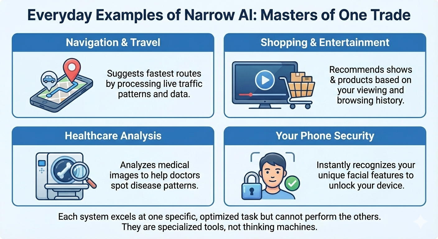 Infographic titled Everyday Examples of Narrow AI: Masters of One Trade, displaying four quadrants with illustrations and descriptions: Navigation & Travel section shows smartphone with map pin and car icon, text reads Suggests fastest routes by processing live traffic patterns and data; Shopping & Entertainment section shows computer monitor with play button and shopping cart, text reads Recommends shows & products based on your viewing and browsing history; Healthcare Analysis section shows medical imaging equipment with magnifying glass, text reads Analyzes medical images to help doctors spot disease patterns; Your Phone Security section shows facial recognition with lock icon and person, text reads Instantly recognizes your unique facial features to unlock your device; bottom text states Each system excels at one specific, optimized task but cannot perform the others. They are specialized tools, not thinking machines; overall design uses blue tones with white content boxes