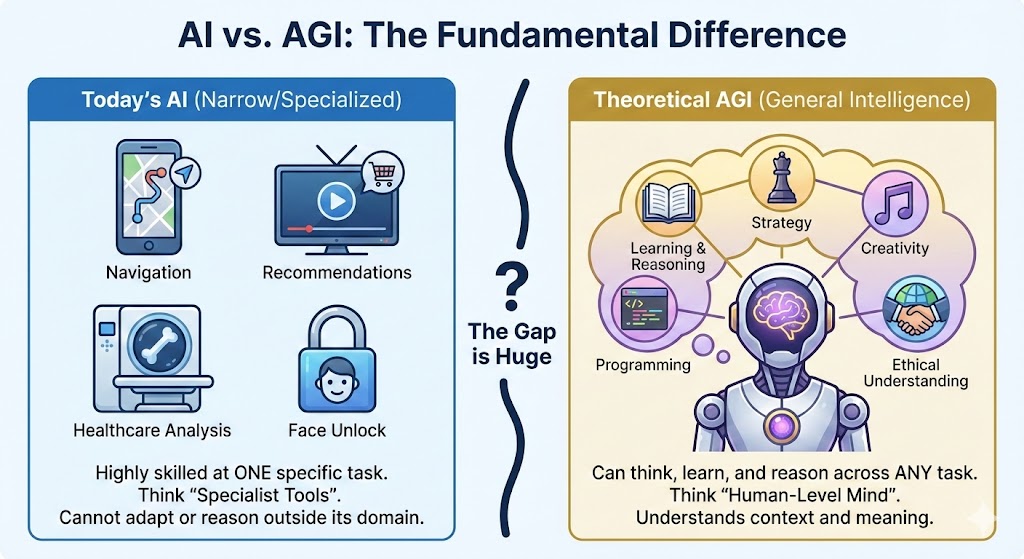 Infographic titled AI vs. AGI: The Fundamental Difference with two contrasting panels separated by a large question mark labeled The Gap Is Huge; left panel has blue header reading Today&rsquo;s AI (Narrow/Specialized) showing four icons: smartphone with navigation app, monitor with video recommendations and shopping cart, medical scanning equipment, and face unlock symbol, with bottom text stating Highly skilled at ONE specific task. Think Specialist Tools. Cannot adapt or reason outside its domain; right panel has gold header reading Theoretical AGI (General Intelligence) displaying a robot with glowing purple core surrounded by interconnected bubbles containing icons for Learning & Reasoning (book), Strategy (chess piece), Creativity (music note), Programming (code brackets), and Ethical Understanding (handshake), with bottom text stating Can think, learn, and reason across ANY task. Think Human-Level Mind. Understands context and meaning; design uses clean modern style with soft gradients emphasizing the vast conceptual difference between current narrow AI applications and hypothetical general intelligence