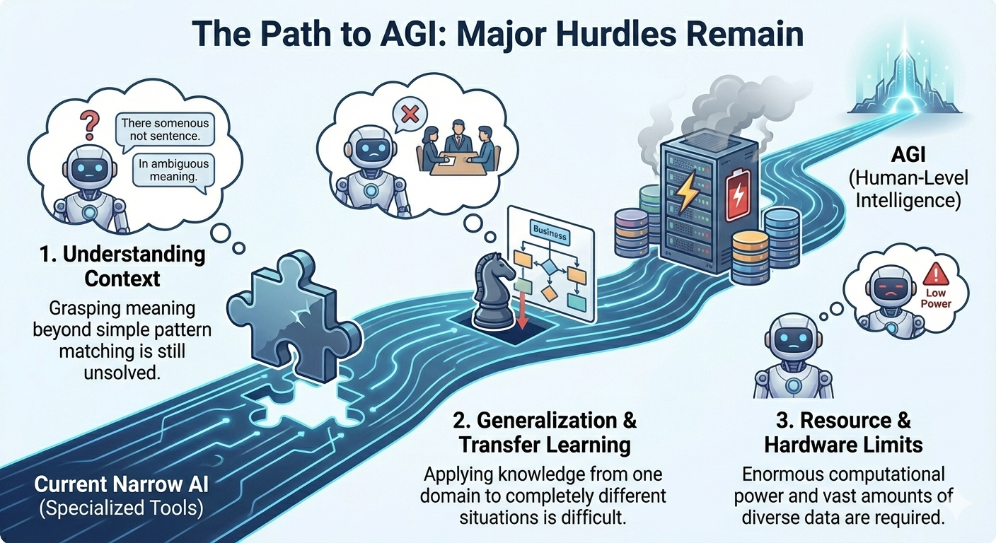 Infographic titled The Path to AGI: Major Hurdles Remain showing a winding blue pathway from left to right connecting Current Narrow AI (Specialized Tools) to AGI (Human-Level Intelligence) depicted as a glowing futuristic city; three main obstacles illustrated along the path: first, a confused robot with thought bubbles containing There somenous not sentence and In ambiguous meaning, labeled 1. Understanding Context with subtitle Grasping meaning beyond simple pattern matching is still unsolved; second, a chess piece on a business flowchart with a rejected robot in a thought bubble showing people at a meeting, labeled 2. Generalization & Transfer Learning with subtitle Applying knowledge from one domain to completely different situations is difficult; third, a low-power battery warning with servers and databases, labeled 3. Resource & Hardware Limits with subtitle Enormous computational power and vast amounts of diverse data are required; overall tone conveys significant technical challenges aheadbetween them on a soft blue gradient background